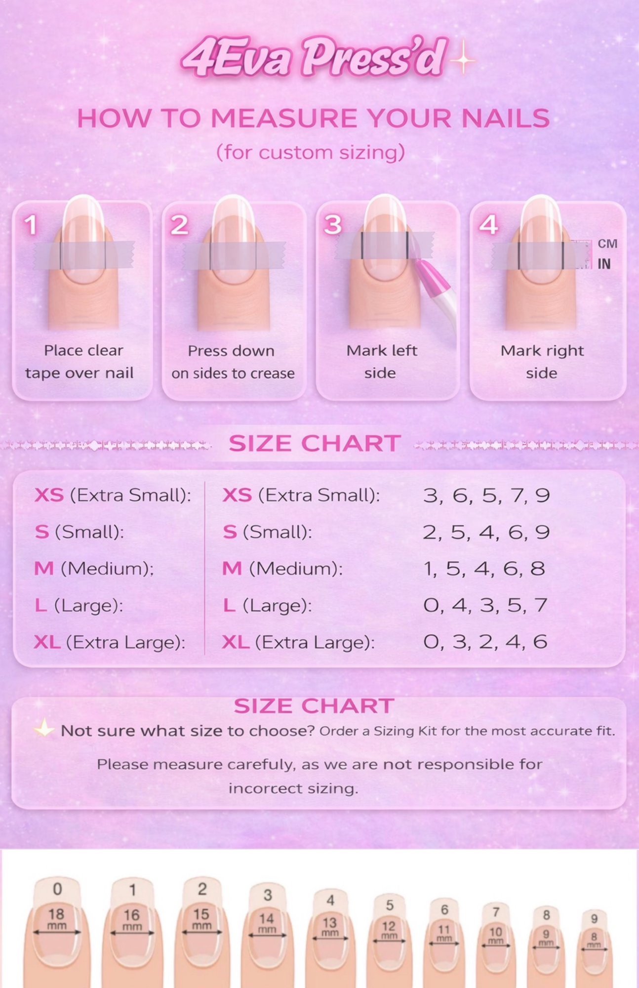 Instructions on how to measure nails for custom sizing with a size chart on a pink background.