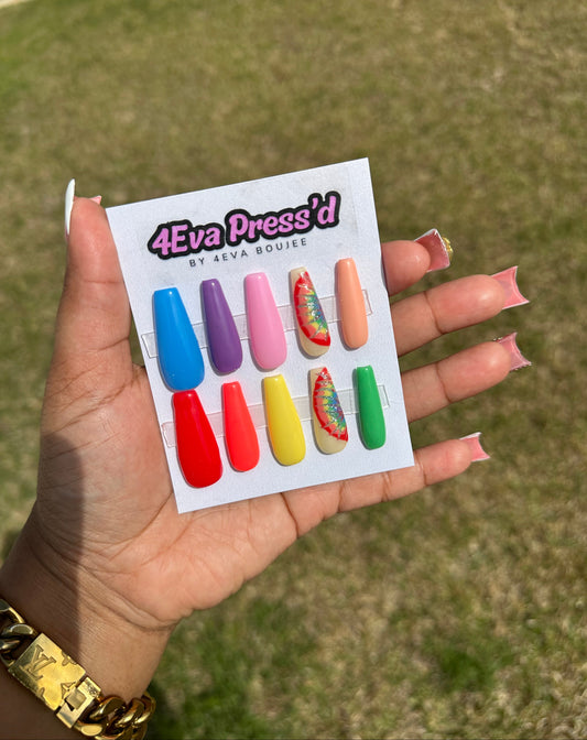 Hand holding a card with colorful nail polish samples and '4Eva Press'd' branding.
